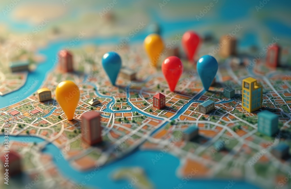 Colorful map features location pins representing multiple points of interest across detailed city landscape. City landmarks, tour, travel, tourism, journey, sightseeing, planning, guidance, Colorful map features location pins representing multiple points of interest across detailed city landscape. City landmarks, tour, travel, tourism, journey, sightseeing, planning, guidance,