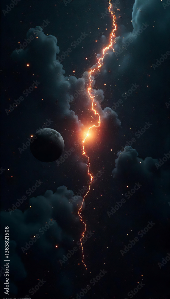 Naklejka premium A lightning bolt strikes through dark clouds, illuminating a nearby planet with a soft glow, stars scattered around