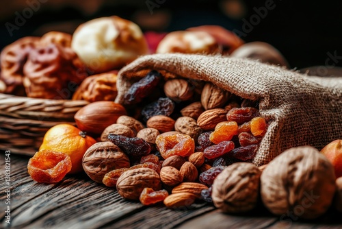 A rustic burlap sack filled with dried fruits and assorted nuts on a wooden table, conveying abundance, health, and natural goodness for snacking and healthy eating.