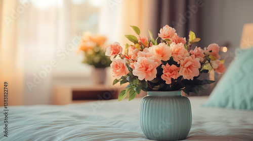 Wallpaper Mural Flower vase on nightstand near beige bed, art deco style interior design of modern bedroom Torontodigital.ca