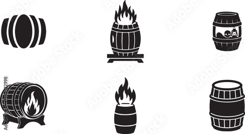 Collection of stylized wooden barrels, some on fire or containing mysterious contents.
