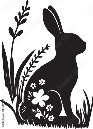 Bunny Silhouette Daffodil Svg, Bunny Floral Cut Out Svg, Easter Bunny Svg