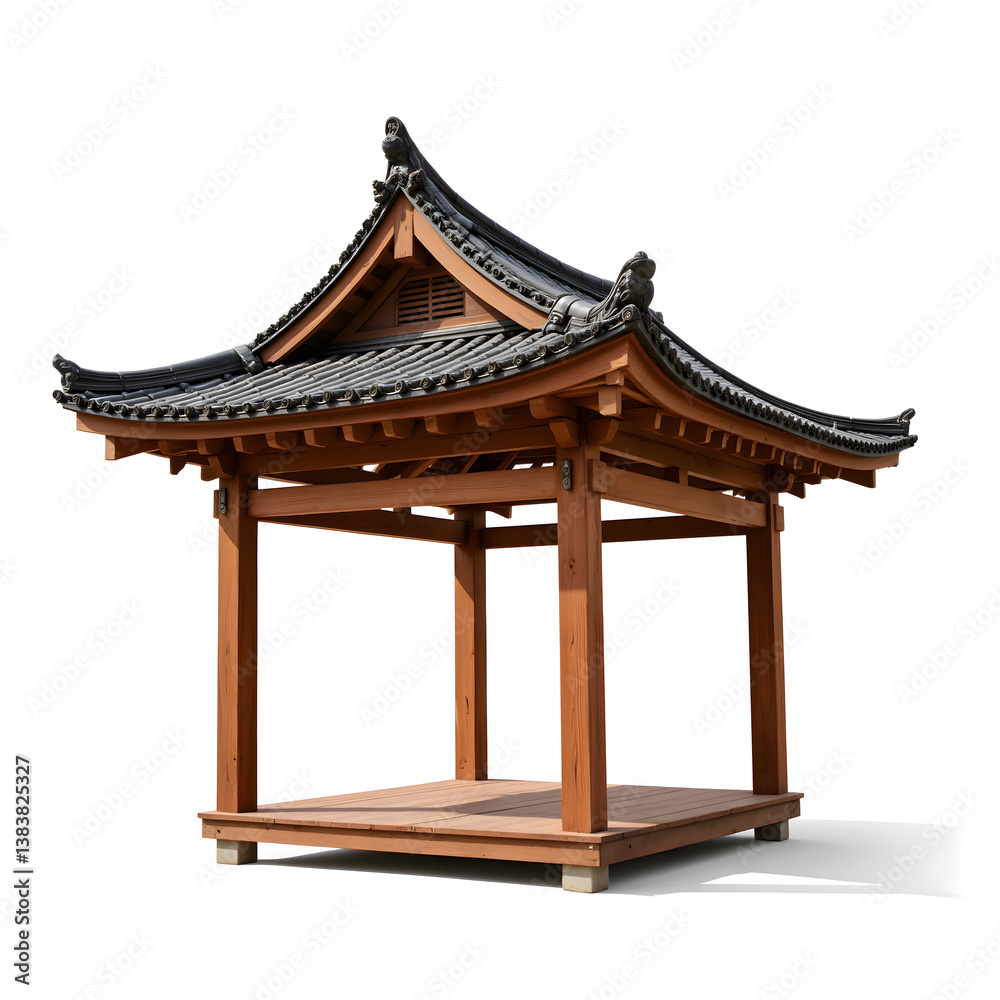 Fototapeta premium Traditional Wooden Pavilion with Curved Roof on White Background
