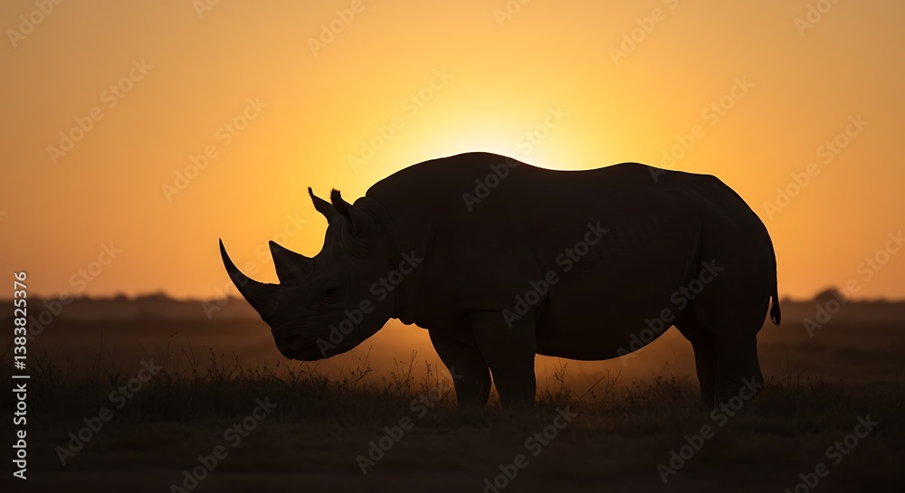 Fototapeta premium Rhino Silhouette at Sunset in Africa Capturing Wildlife and Dramatic Skies