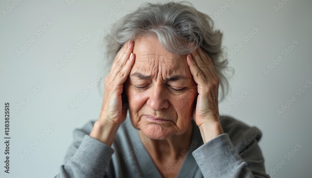 Senior woman portrait, feeling stress migraine headache. Elderly lady holds head, suffers pain with closed eyes. Emotional problem, chronic ache, health issue, worried about the future. Senior woman portrait, feeling stress migraine headache. Elderly lady holds head, suffers pain with closed eyes. Emotional problem, chronic ache, health issue, worried about the future.