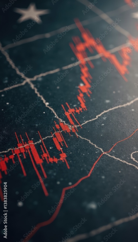 Fototapeta premium Bitcoin experiences a downturn as u.s. tariff hikes impact market stability, reflected in a graph showcasing declining trends and fluctuating prices.