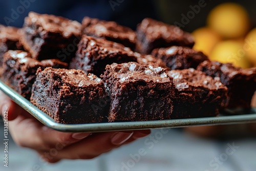 A close-up of a tray full of homemade chocolate brownies with a sprinkle of sea salt, held in a person's hand, against a blurred background, emphasizing the rich flavor and texture.