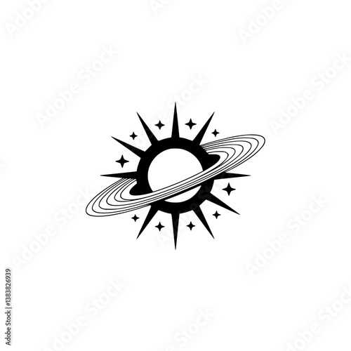 Celestial Solar Logo: Minimalist Sun, Stars, & Saturnian Ring Design