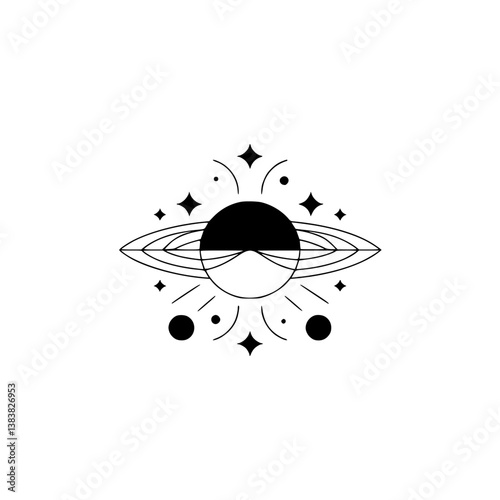 Minimalist Space Illustration: Geometric Celestial Bodies and Stars