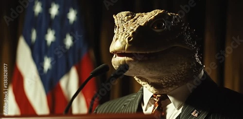 Personaje reptil representando político norteamericano dando conferencia de prensa. 
