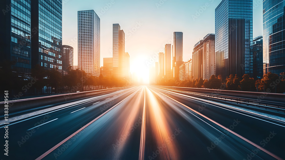 Fototapeta premium Against the backdrop of a sunny sunset, a modern city with skyscrapers roads and developed infrastructure, 3d rendering