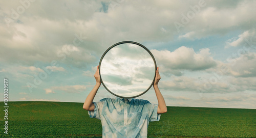 Surreal portrait with round mirror reflecting cloudy sky