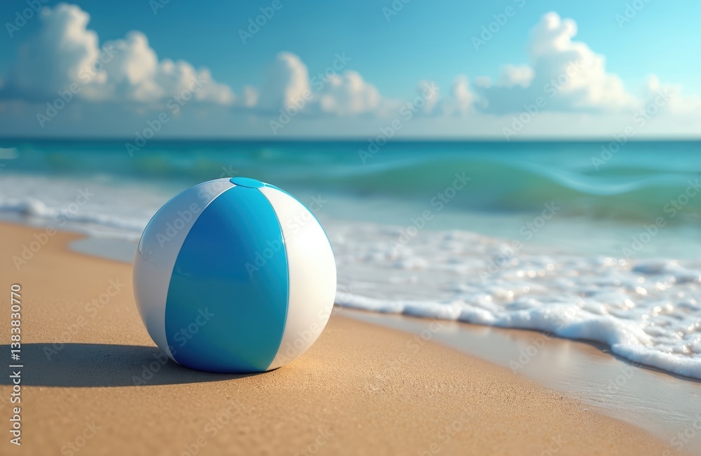 Obraz premium Blue beachball on golden sand beach near ocean. Summer holiday concept, vacation, relaxation. Sunny weather clear sky, blue water, white waves. Beach ball at seaside, vacationing on tropical shore.