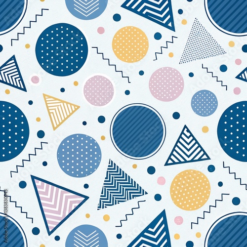 Colorful pastel geometric background pattern with circles, dots and chevron shapes in light pink, yellow, and purple colors, cute summer pattern for design, colors reminiscent of 80s retro posters 
