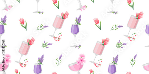 Vector illustration of a seamless pattern featuring wine glasses filled with sakura, tulips and lavender. Vibrant floral arrangement perfect for spring or summer-themed designs