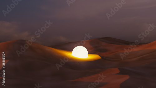 Surreal desert landscape featuring glowing sphere and dramatic dunes