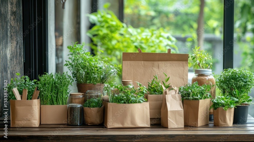 Fototapeta premium Natural compostable packaging options arranged in harmony with outdoor greenery, promoting eco-conscious eating