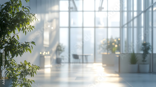 Beautiful blurred background of a light modern office interior with panoramic windows and beautiful lighting