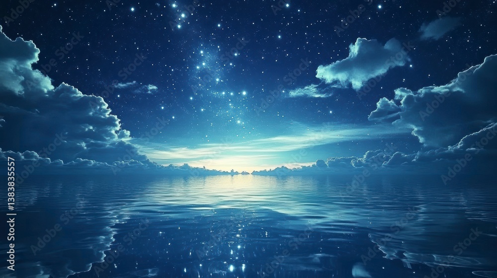 Obraz premium Starry night sky reflected in calm ocean water, clouds.