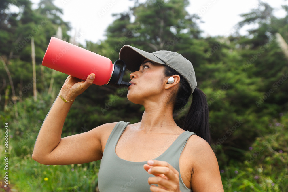Woman Drinking Water During Outdoor Workout in Forest Setting Woman Drinking Water During Outdoor Workout in Forest Setting