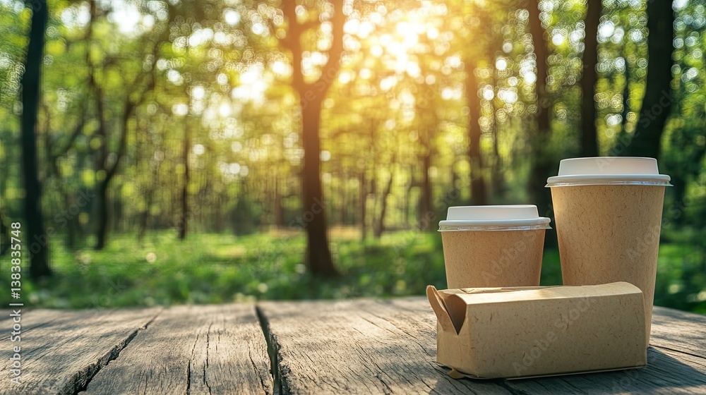 Fototapeta premium Sustainable takeaway packaging on an outdoor table with soft natural light and trees in background