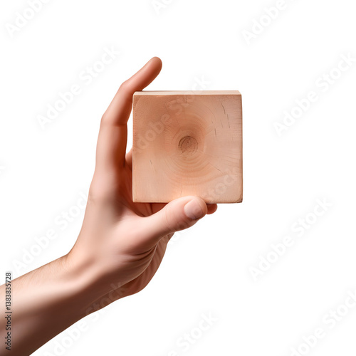 Uma mão de um homem branco segurando um cubo de madeira em branco