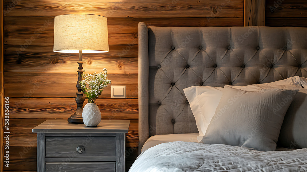 Bedside drawer nightstand and lamp near bed with grey fabric headboard against wood paneling wall, farmhouse interior design of modern bedroom