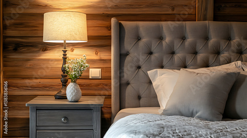 Obraz na płótnie Bedside drawer nightstand and lamp near bed with grey fabric headboard against wood paneling wall, farmhouse interior design of modern bedroom w salonie