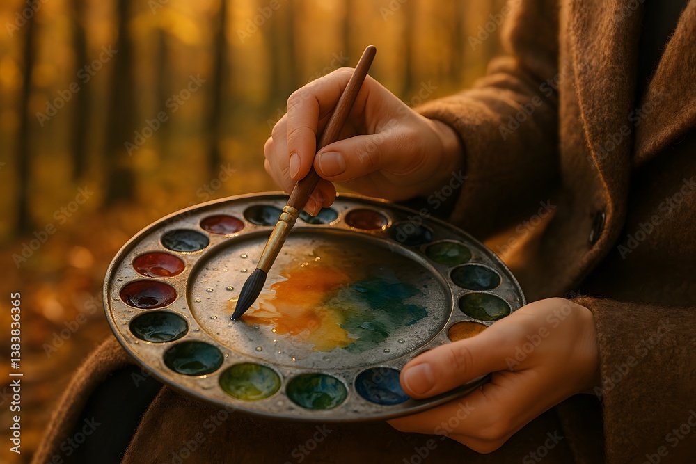 Obraz premium Artist mixing colors with a brush in an autumn forest 