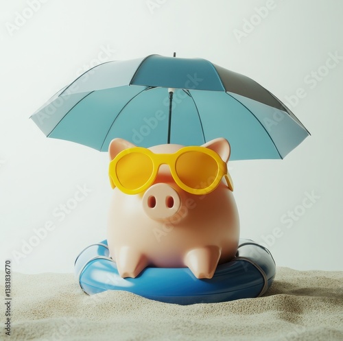 Piggy bank wearing yellow sunglasses under umbrella, with blue lifebuoy on sandy ground, Generative AI