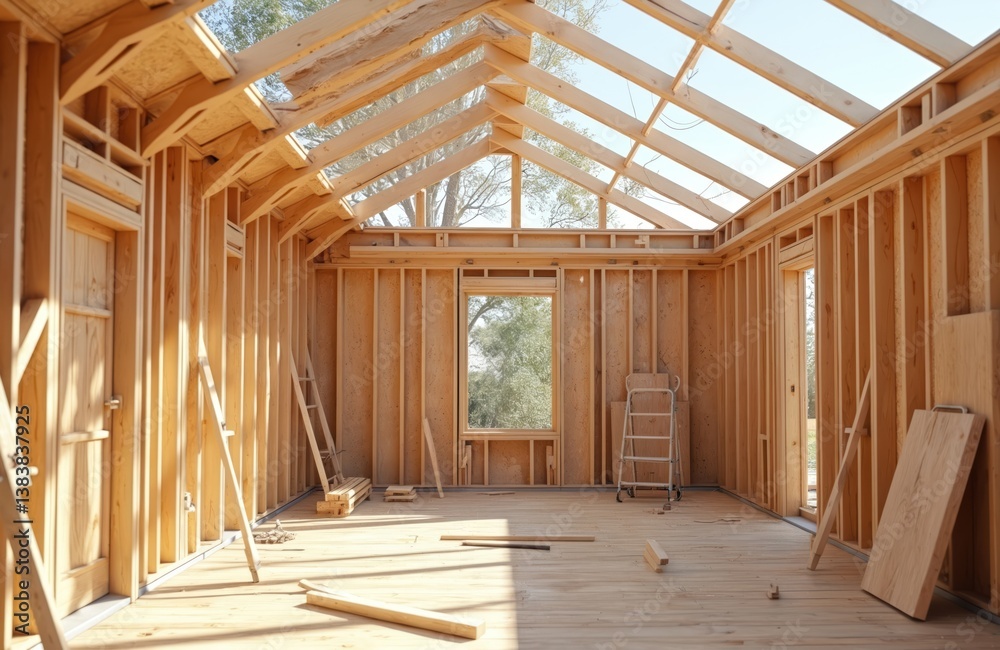 Wooden house frame under construction with view of sky. Interior construction of new home shows details of wood work. Concept of building process, real estate, architecture, housing development. Wooden house frame under construction with view of sky. Interior construction of new home shows details of wood work. Concept of building process, real estate, architecture, housing development.