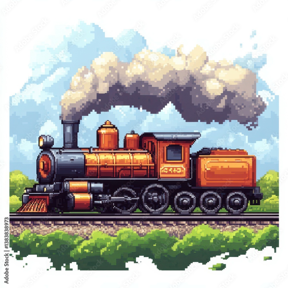 Obraz premium Vintage steam locomotive traveling through lush countryside under a cloudy sky