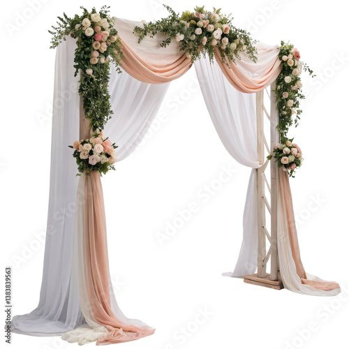 Elegant wedding arch adorned with flowers and draped fabric. isolated on a white background.