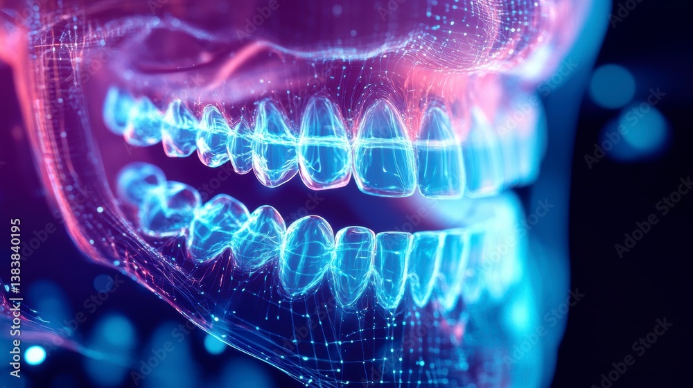custom made wallpaper toronto digitalAbstract digital rendering of human jaw and teeth, glowing in vibrant pink and blue hues.