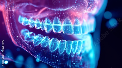 Wallpaper Mural Abstract digital rendering of human jaw and teeth, glowing in vibrant pink and blue hues. Torontodigital.ca