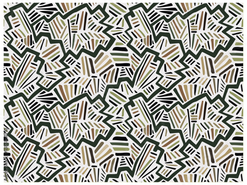 Square print scarf in abstract pattern of stylized leaves in earthy tones, framed by multiple colored borders, creating a dynamic and textured design.
