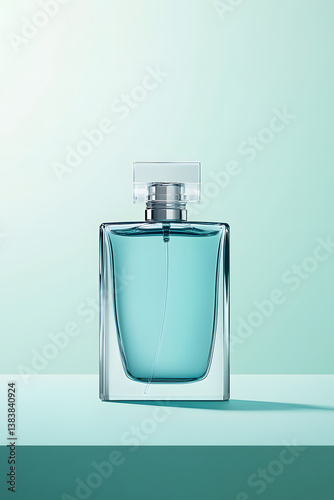 A serene bottle of blue perfume symbolizes freshness and tranquility.