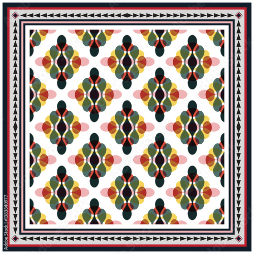 Colorful geometric print scarf patterns in square shape, green, red, yellow, and black on a white background, framed by intricate borders.