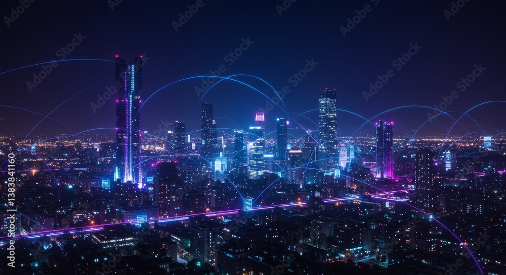 Cityscape at Night Illuminated Towers and Data Streams - Modern city at night, illuminated skyscrapers, glowing data streams connecting buildings, symbolizing connectivity, technological advancement Cityscape at Night Illuminated Towers and Data Streams - Modern city at night, illuminated skyscrapers, glowing data streams connecting buildings, symbolizing connectivity, technological advancement