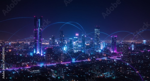 Wallpaper Mural Cityscape at Night Illuminated Towers and Data Streams - Modern city at night, illuminated skyscrapers, glowing data streams connecting buildings, symbolizing connectivity, technological advancement Torontodigital.ca