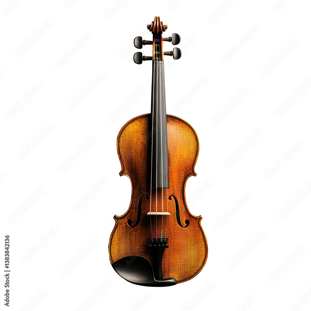 Fototapeta premium Classic wooden violin resting on a smooth white surface in a minimalistic environment, Wooden classic violin isolated on Transparent background
