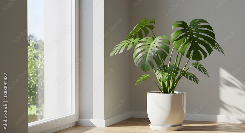 A potted monstera plant adding a touch of greenery to the modern space A potted monstera plant adding a touch of greenery to the modern space