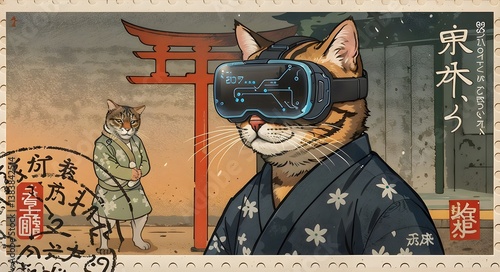Ukiyo-e style painting of a cat hacker wearing virtual reality glasses, on a postage stamp...(1).