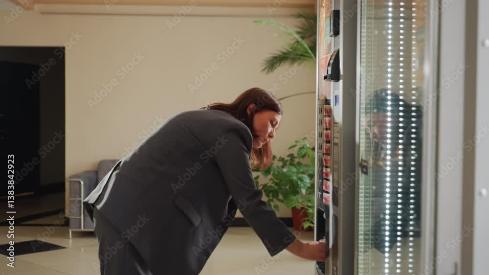 businesswoman using vending machine, office worker choosing drink from vending machine, woman in business suit, modern office setting, casual office break, snack or drink selection