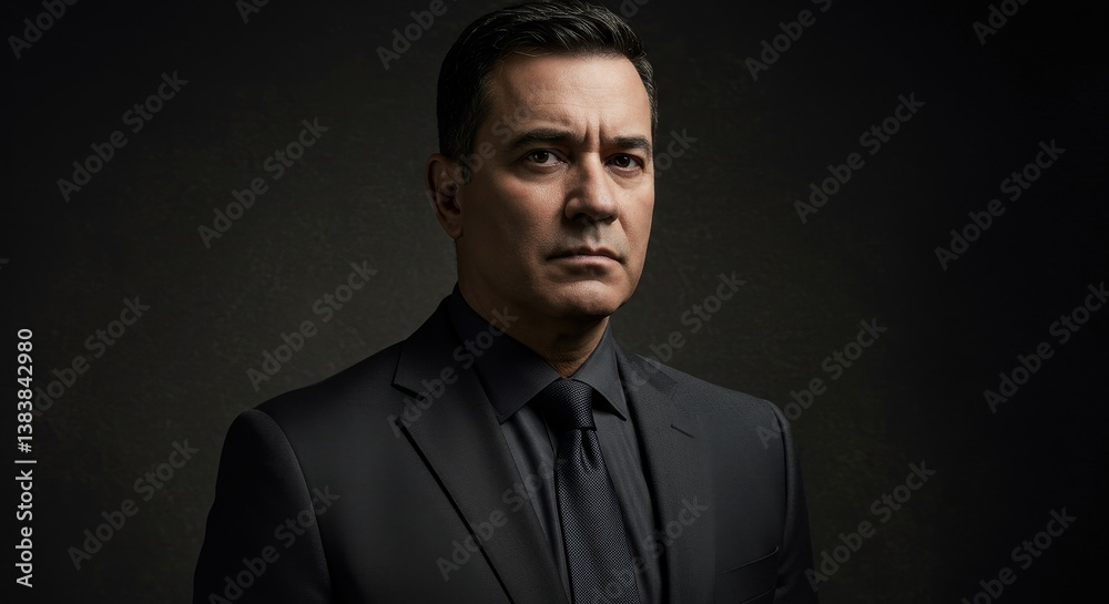 Confident Man in Black Suit - A serious, middle-aged man in a black suit stares intently, set against a dark gray background. Professional headshot Confident Man in Black Suit - A serious, middle-aged man in a black suit stares intently, set against a dark gray background. Professional headshot