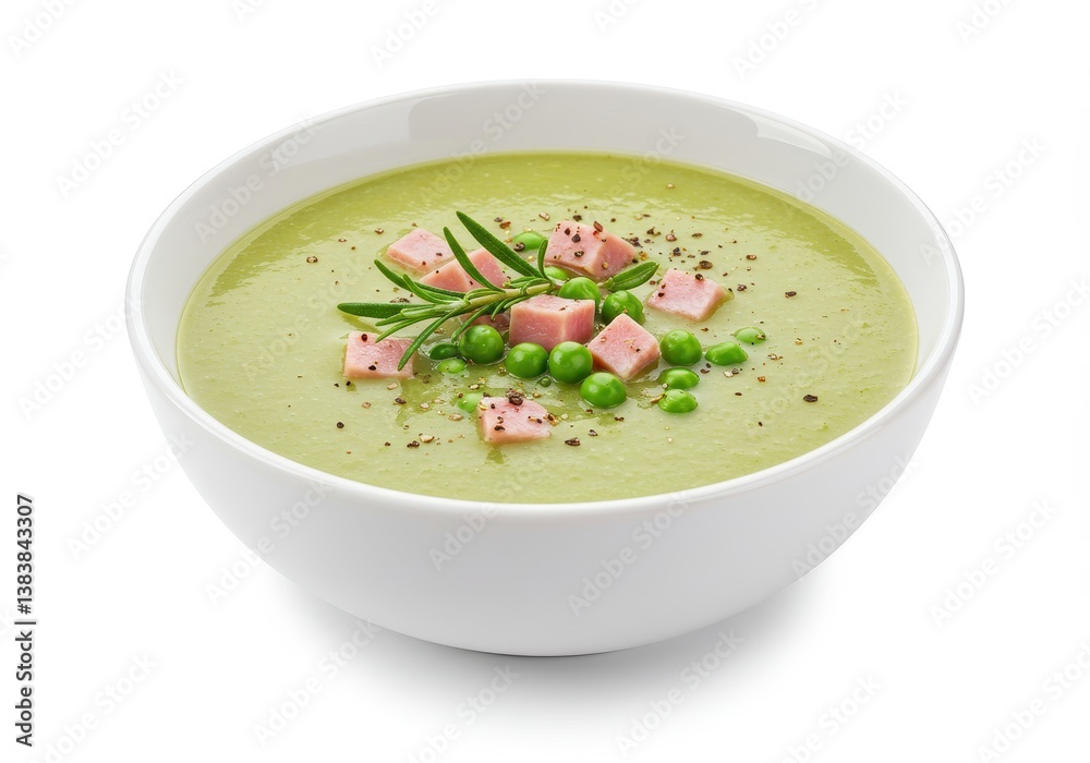 Creamy green pea soup with chunks of ham and whole peas isolated on white background Creamy green pea soup with chunks of ham and whole peas isolated on white background