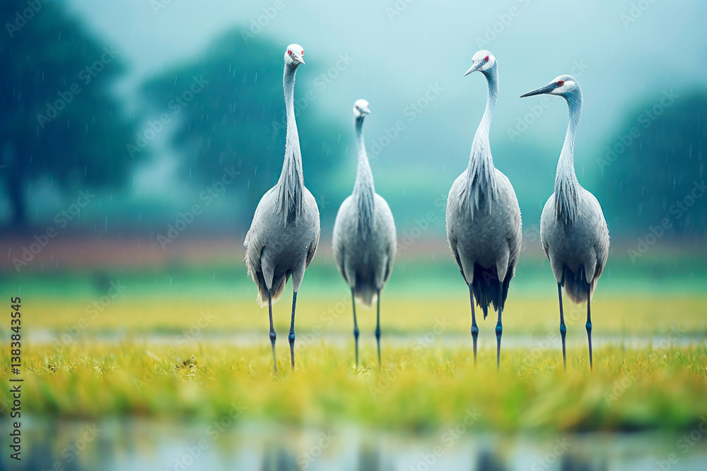 Obraz premium Group of four crane birds standing in field