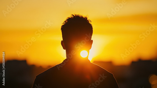 Silhouette of Man Watching Peaceful Sunset Over Cityscape, Warm Golden Light, Calm Reflective Mood