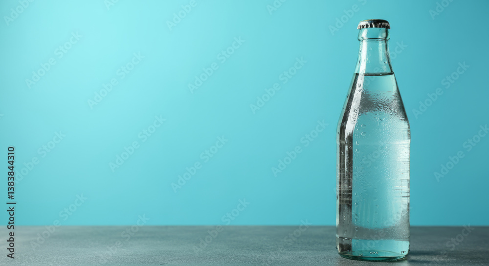 Glass bottle with sparkling water on blue background Glass bottle with sparkling water on blue background