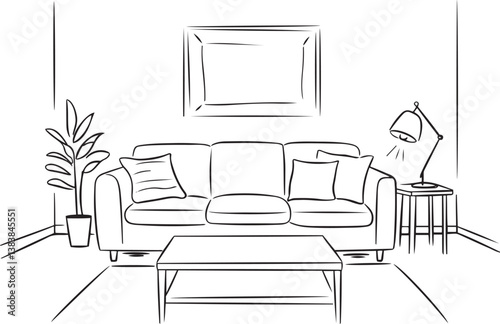 A black and white line drawing depicts a cozy living room interior.